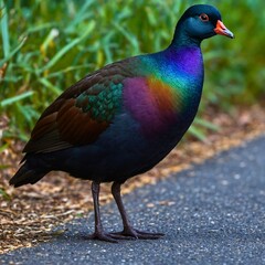 Obraz premium Pavo cristatus majestic blue bird, beautiful animal on green grass lawn background in sunlight. Purple Swamphen Western Australia bird.