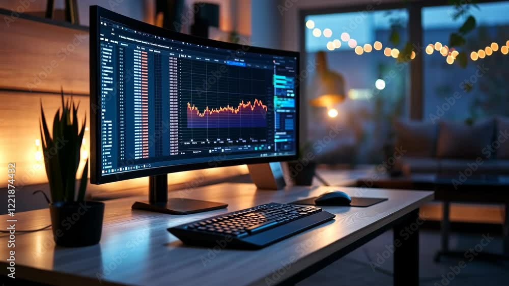 Poster modern home office setup with curved monitor displaying stock market data and graphs at night