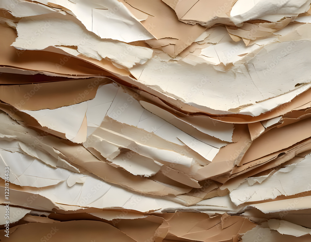 Poster layers of torn and peeling paper in neutral tones create a textured abstract background