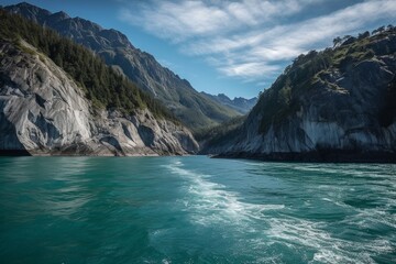 Blue water separates two forested mountain sides with white streaked cliffs. AI generative. .