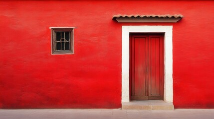 Fototapeta premium Vibrant Red Wall with Wooden Door and Small Window Detail