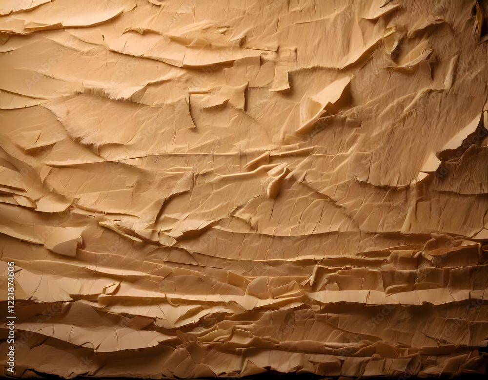 Aufkleber layered and textured paper with rough, torn edges creating an abstract dimensional landscape
