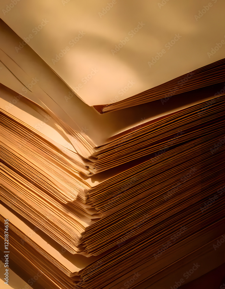 Poster stacks of paper with varying shades of beige and brown, creating an abstract and textured compositio