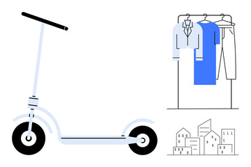 Scooter parked beside a clothing rack with shirts and pants, minimalist small cityscape illustration in the background. Ideal for urban mobility, fashion, retail, modern lifestyle, city living