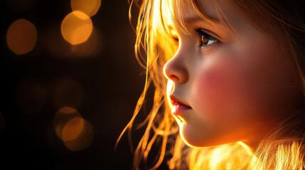 A close-up of a child's face turned to the side, radiant amber light reflecting on their skin