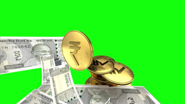 Indian rupees and coin in 3d golden in green screen