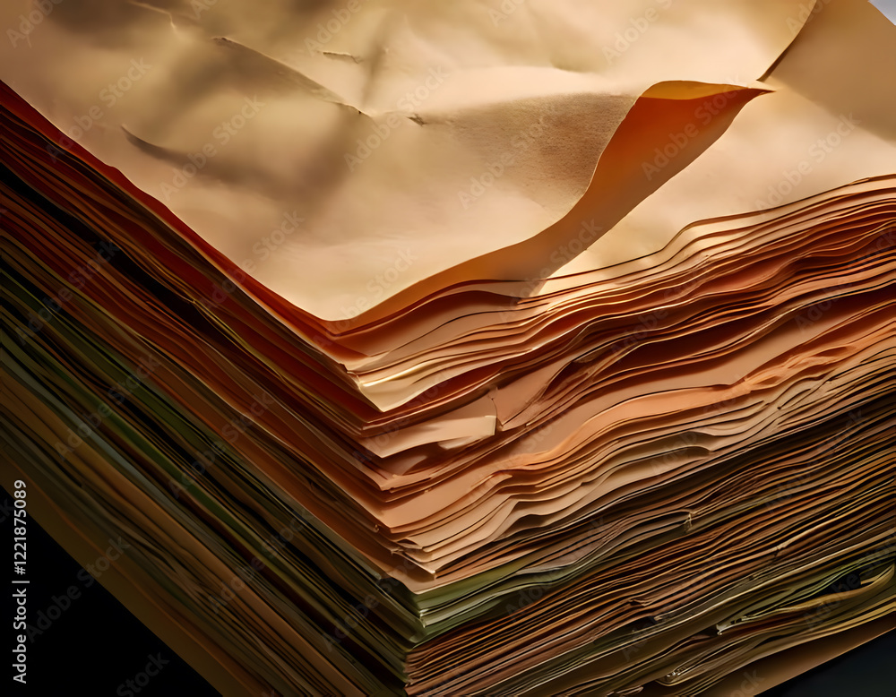 Poster stack of brown paper sheets with varying folds and shadows. textured and layered