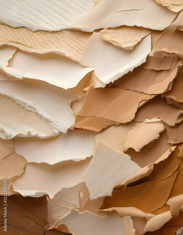 Poster layers of torn and peeling paper in neutral tones create a textured abstract background