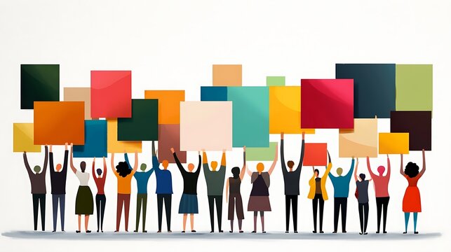 Diverse Group Holding Colorful Signs in Unison