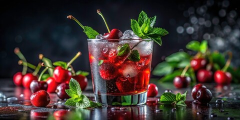 Low Light Summer Cherry Lemonade Photography - Iced Mint Drink Recipe