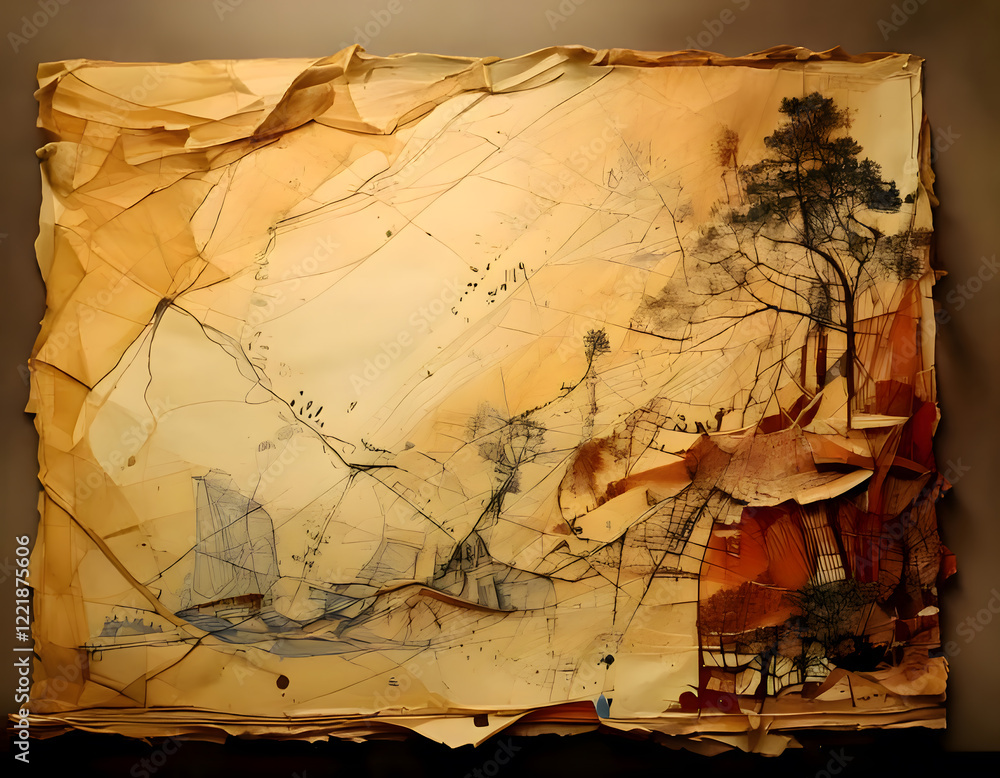 Poster a textured drawing of a landscape with trees and abstract shapes on layered, torn paper