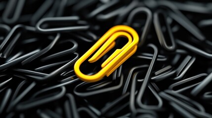 Yellow paperclip stands out among many black ones.  Business concept