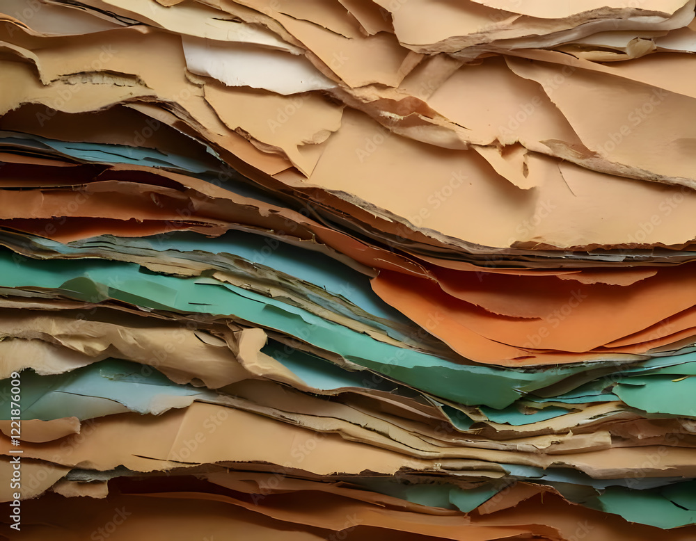 Poster torn and layered paper in earthy and green tones creates a textured and abstract composition
