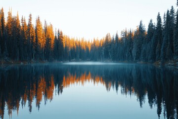 A tranquil forest lake with a perfect reflection of the trees on the water. AI generative. .