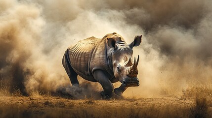 Obraz premium White rhino charging through dusty savanna.