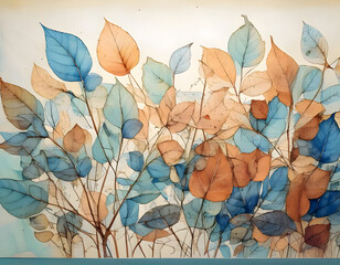 Abstract botanical illustration featuring stylized leaves in shades of blue and orange, creating a vibrant and dynamic composition