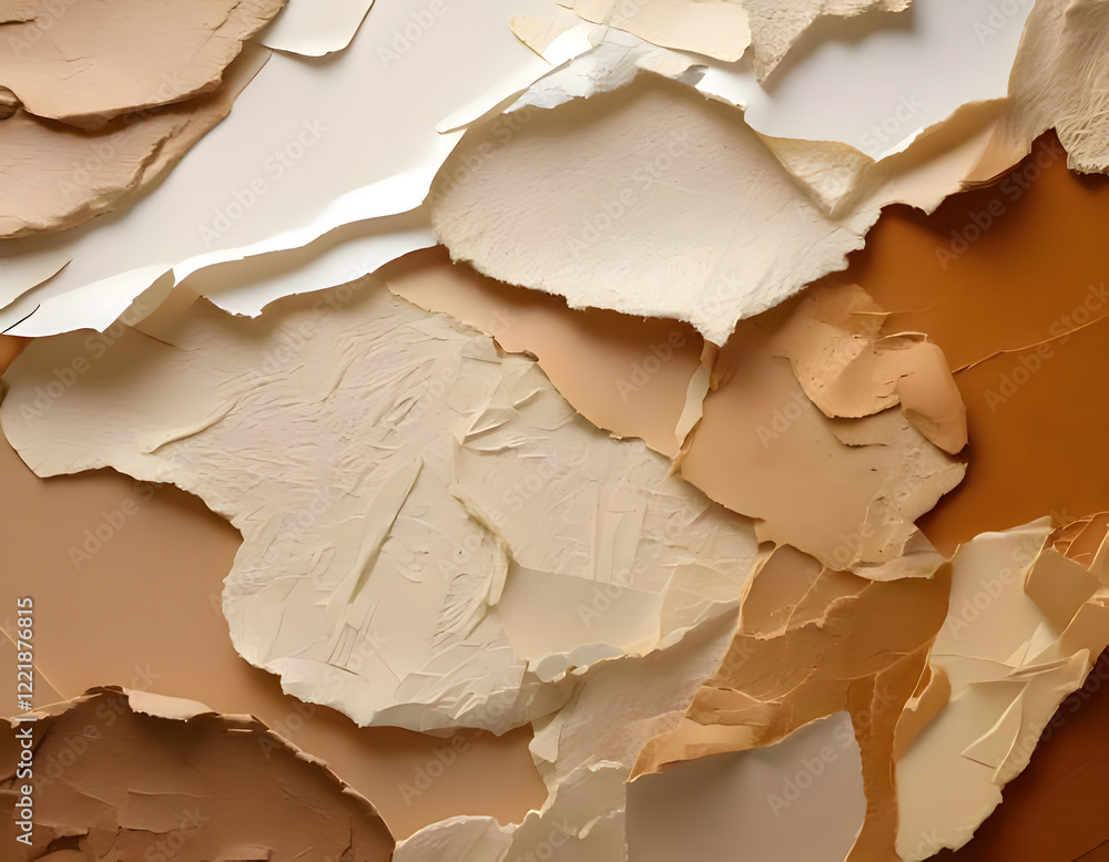 Poster layers of torn and peeling paper in neutral tones create a textured abstract background