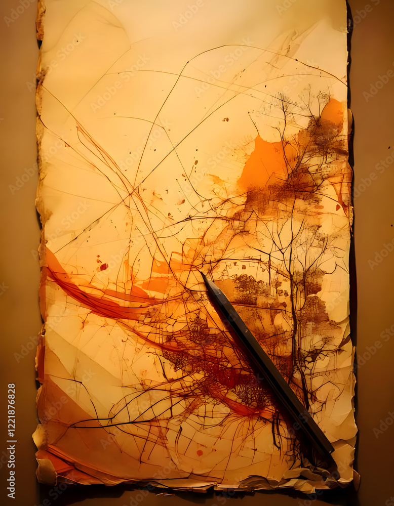 Poster a pencil rests on a textured background with abstract tree-like forms in warm orange and brown tones