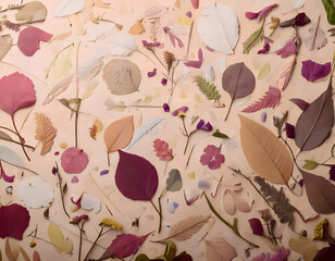 Botanical flat lay with pressed flowers and leaves in various shapes and colors on a light wooden background
