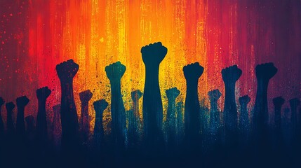 United voices rise, a powerful display of solidarity and protest against injustice, silhouetted fists against a vibrant sunset-like gradient background