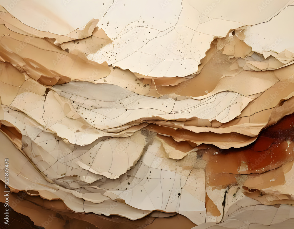 Poster layers of torn and peeling paper in neutral tones create a textured abstract background