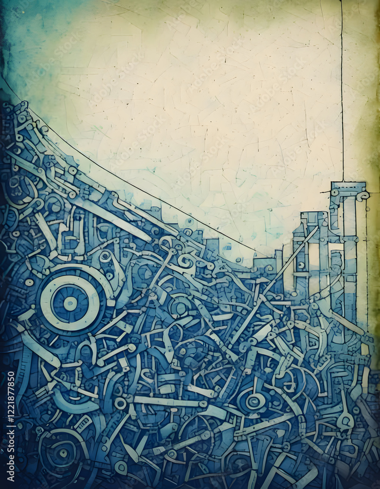 Poster intricate cityscape rendered in shades of blue with a network of lines and shapes, evoking a sense o