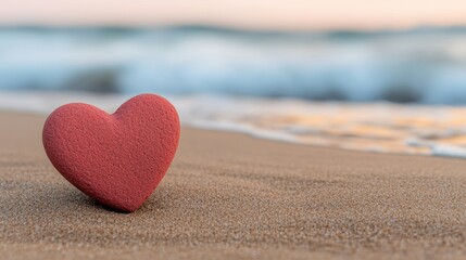 Fototapeta premium Red heart standing on the sand with ocean waves gently touching the shore at sunset