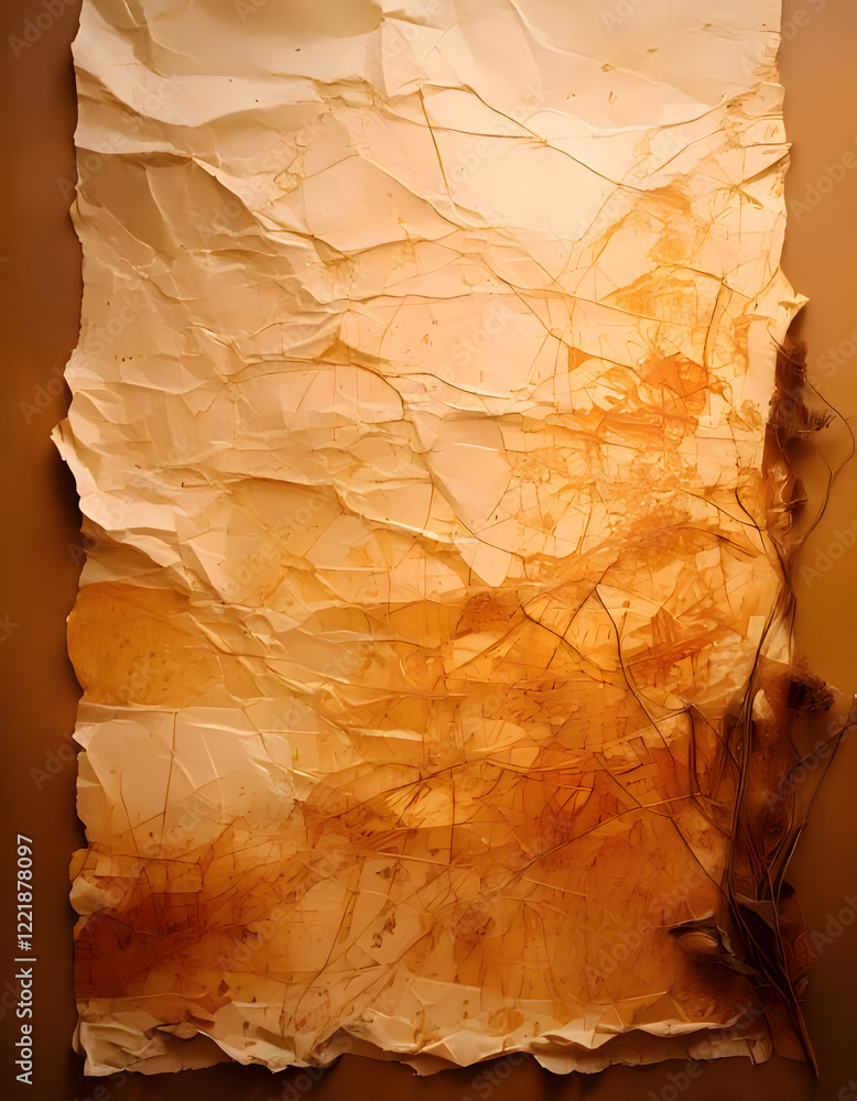 Poster wrinkled paper with organic stains and rough edges, creating a textured and abstract background