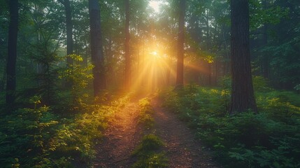 Fototapeta premium Sunlight streams through dense forest trees onto a path. AI generative. .