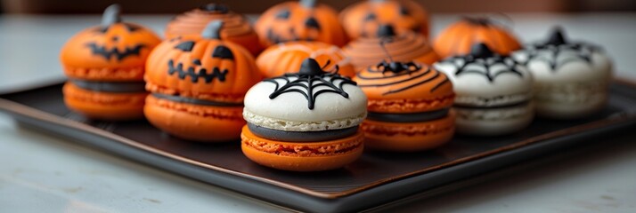 Close up of orange and white Halloween macarons with spiderwebs and pumpkins. AI generative. .