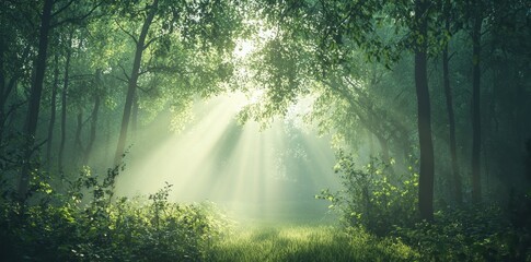 Sunbeams Illuminate a Misty Green Forest Path