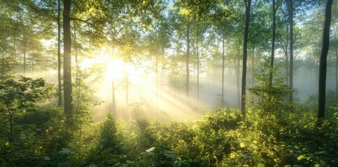 Fototapeta premium Sunbeams Illuminate Misty Morning Forest Scene