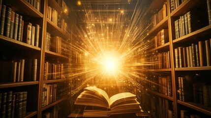 A bookshelf filled with glowing books emitting light beams, Knowledge scene, Illuminating style