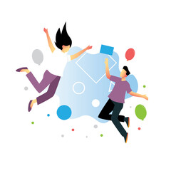Two teenage boys girls jump happy balon around them with geometric shape. Funny children play in the Park. Happy youth. Sunny day. Vector flat style © Masrob