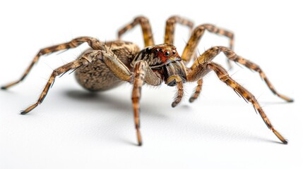 Close-up of a spider with hairy legs and red eyes on a white background. AI generative. .