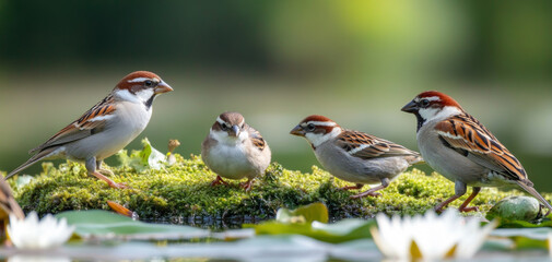 Several birds stand on a moss-covered stone
