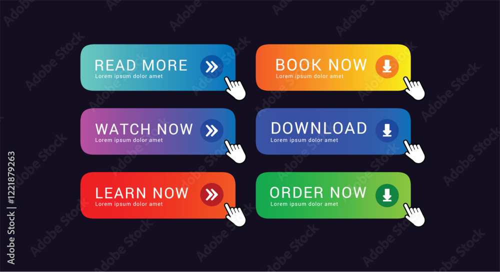 Poster set collection of web button template download, order now, learn now, watch, with hand cursor for ui