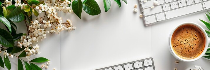 White flowers, green leaves, coffee cup, and keyboard on a white surface. AI generative. .