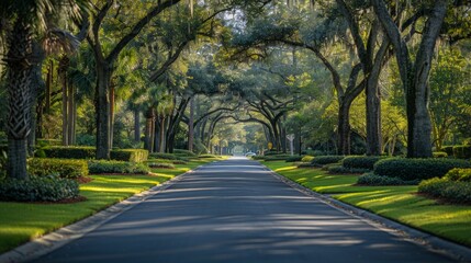 A sunny road lined with lush trees casts long shadows on the pavement. AI generative. .