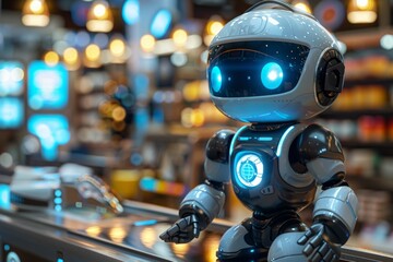 Fototapeta premium A futuristic white and black robot with glowing blue eyes and a display on its chest stands on a counter in a blurry background. AI generative. .