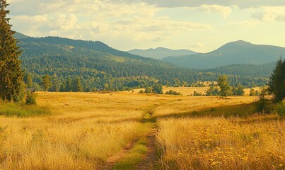 Obraz premium Golden meadow path through mountains, forest background, rural landscape, ideal for travel ads