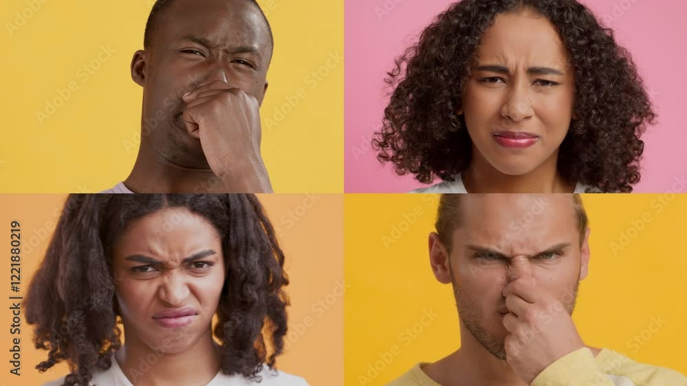 Poster four multiracial people display various emotions and gestures against vibrant backgrounds. each pers