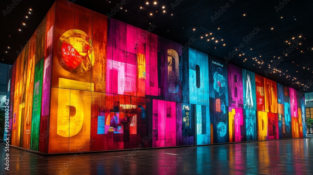 Poster a mesmerizing display of vibrant colors and textual elements on a building facade illuminated with m