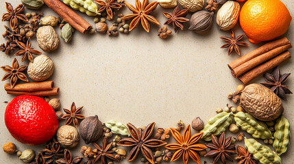 Aromatic spices and nuts forming a border around a beige center perfect for text or design element