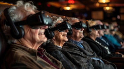 Fototapeta premium Close up of older people wearing VR headsets and smiling. AI generative. .
