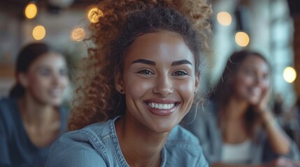 Fototapeta premium Smiling woman with curly hair wearing a blue denim shirt, with blurry background of cafe lights. AI generative. .