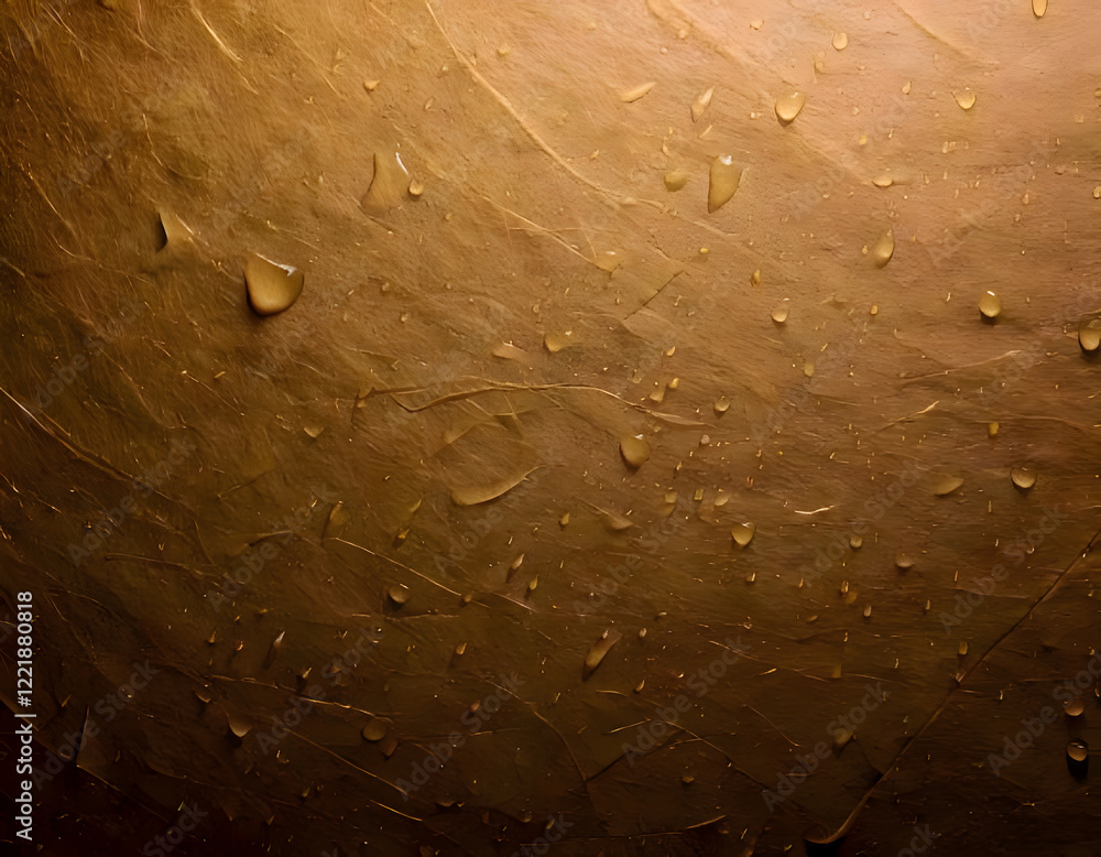 Poster water droplets on a textured golden surface. abstract background with highlights and shadows