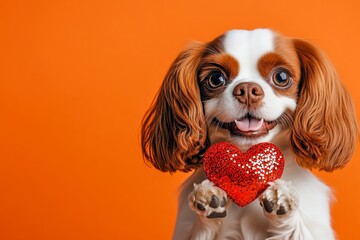Promotion concept. Cavalier king charles spaniel - my treasured dog. Cute cavalier king charles spaniel doggy with sparkling rhinestones red heart - sign of love, funny greeting card. Pet love.