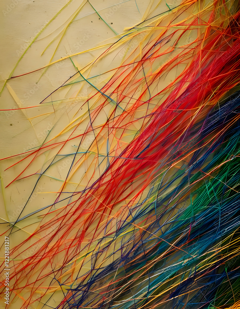 Poster a colorful abstract with intersecting lines of red orange yellow green and blue on a beige backgroun