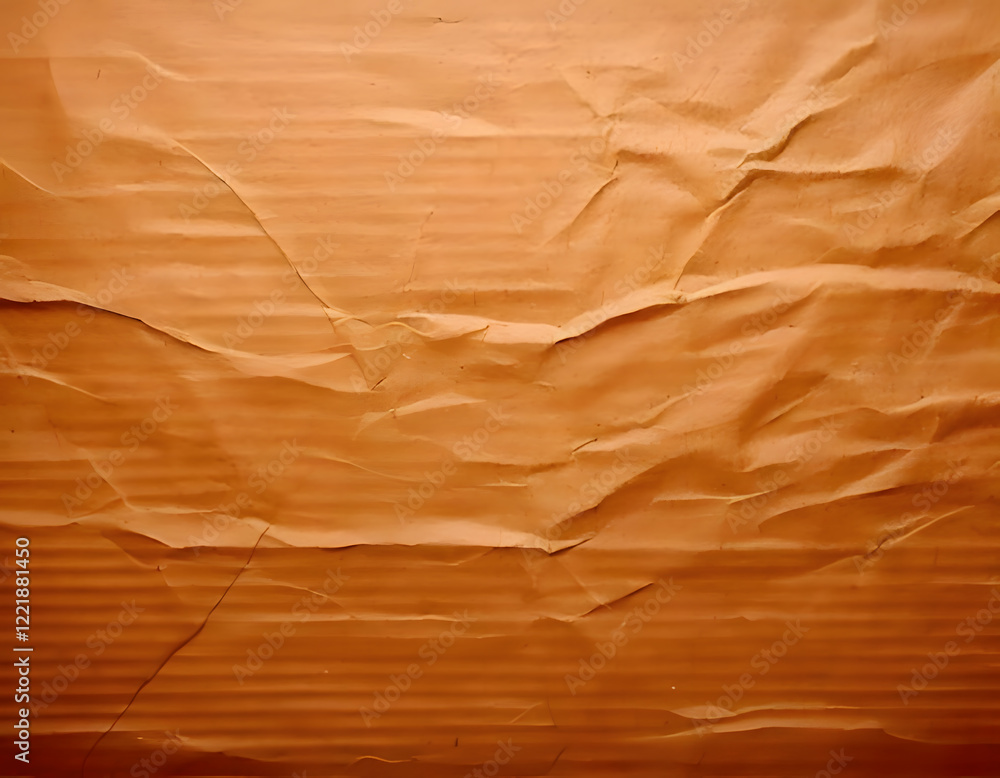 Poster wrinkled and folded cardboard with horizontal lines creates a textured, abstract background in warm 